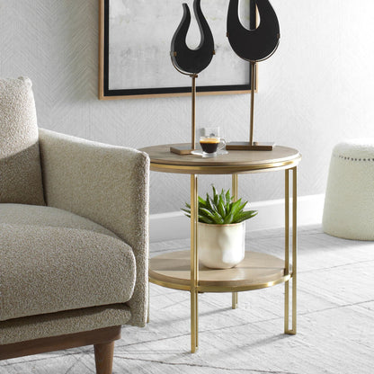Elise Round Side Table by Uttermost in brass. Made from stainless steel, mdf, oak venner in a transitional style.