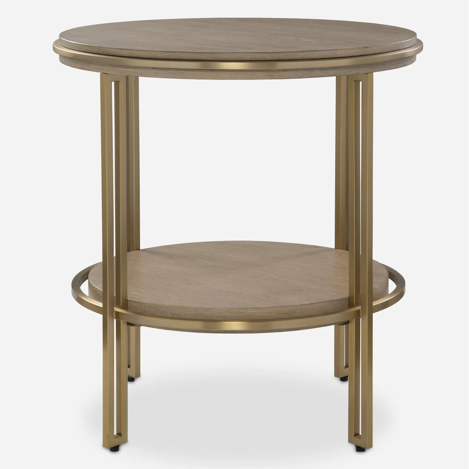 Elise Round Side Table by Uttermost in brass. Made from stainless steel, mdf, oak venner in a transitional style.