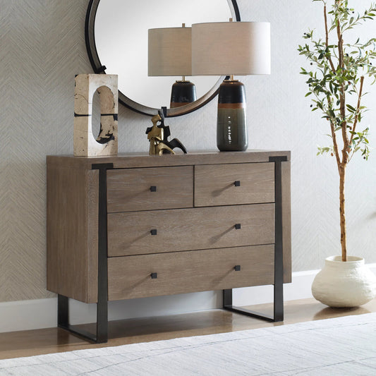 Gabriel Accent Chest by Uttermost in dark bronze. Made from mdf, metal, oak veneer in a transitional style.