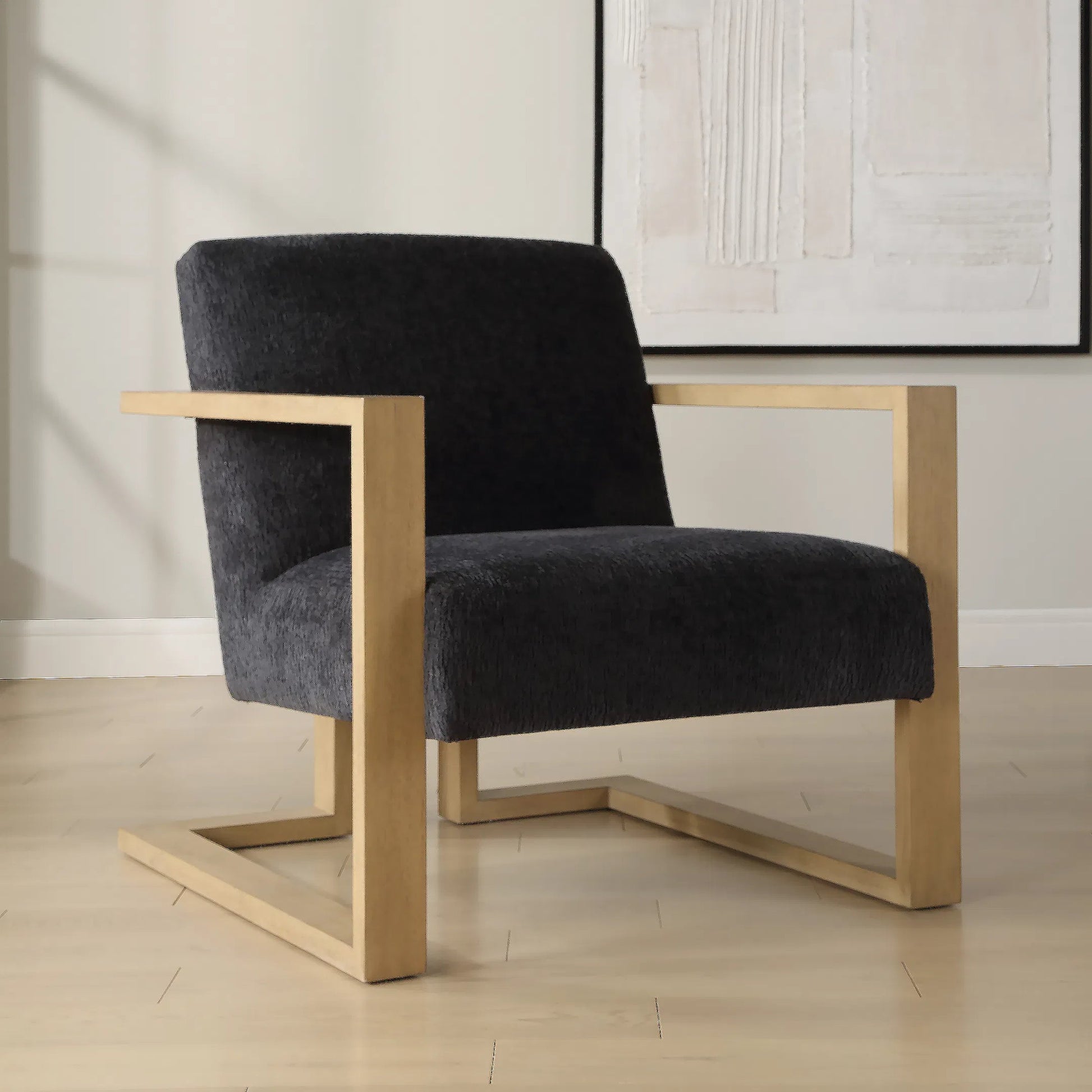 Suspend Modern Accent Chair by Uttermost in blue. Made from rubber wood, plywood, foam, fabric in a transitional style.