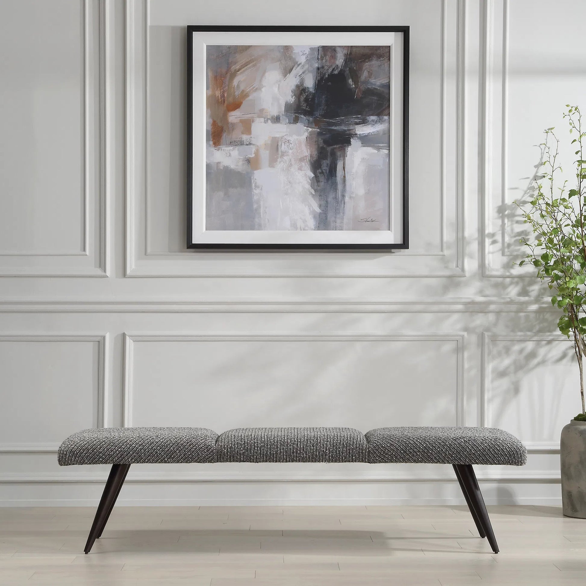 Bowtie Fabric Bench by Uttermost in bronze. Made from metal, hardwood, plywood, foam, fabric in a transitional style.