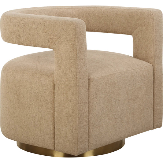 Grounded Modern Swivel Chair by Uttermost in brass. Made from bent wood, fabric, foam, metal in a unique style.
