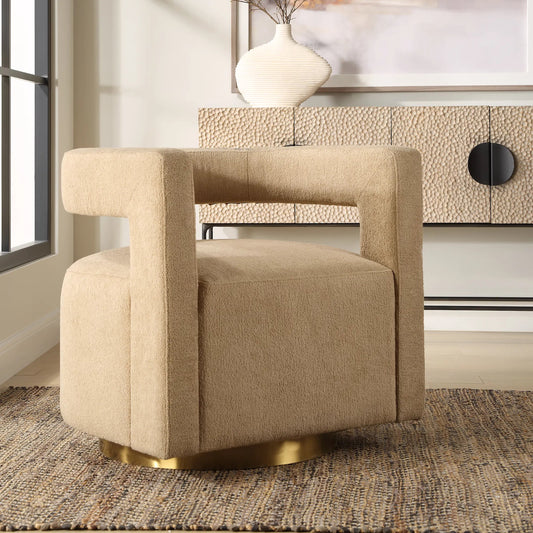 Grounded Modern Swivel Chair by Uttermost in brass. Made from bent wood, fabric, foam, metal in a unique style.