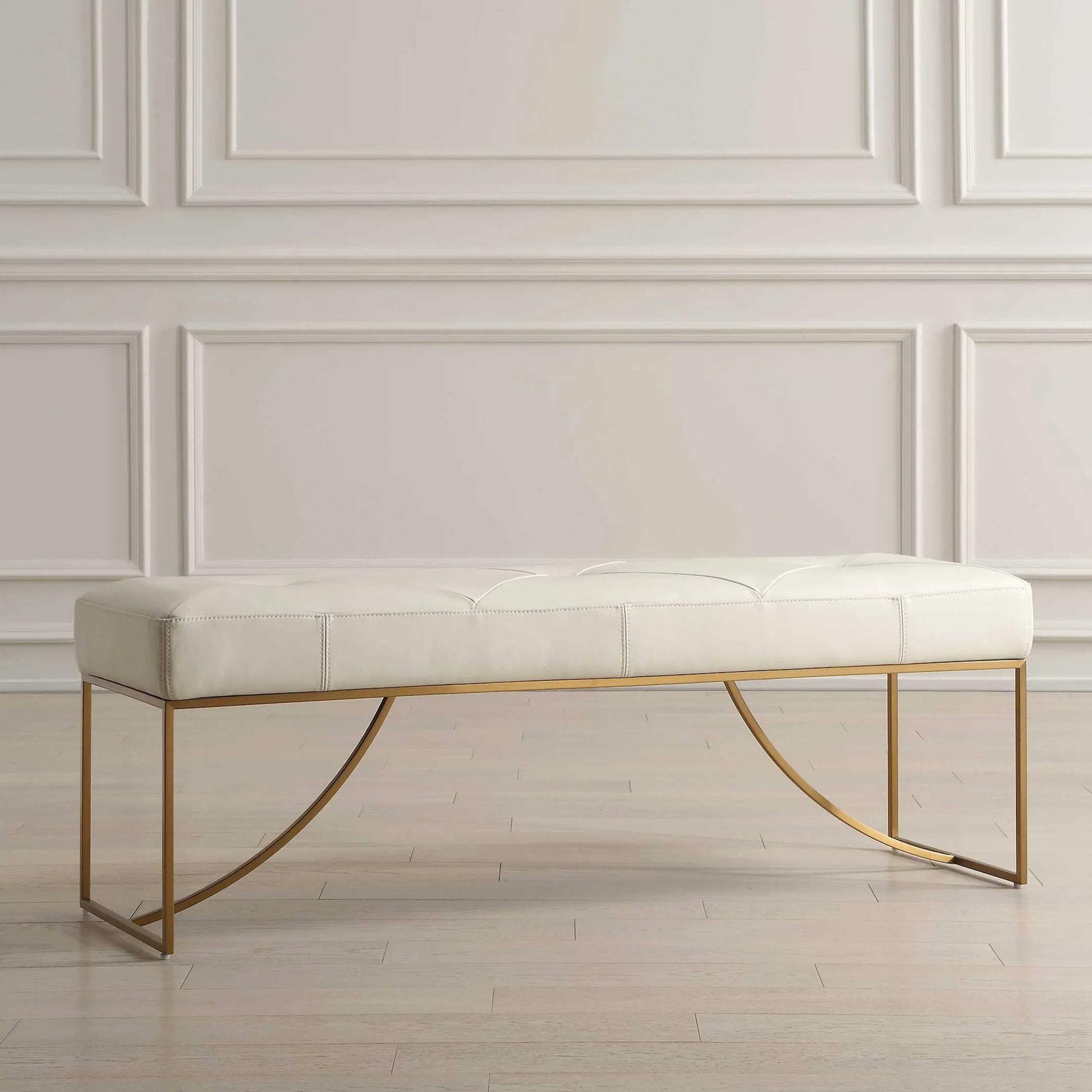 Swale Leather Bench by Uttermost in brass. Made from stainless steel, plywood, foam, leather in a unique style.