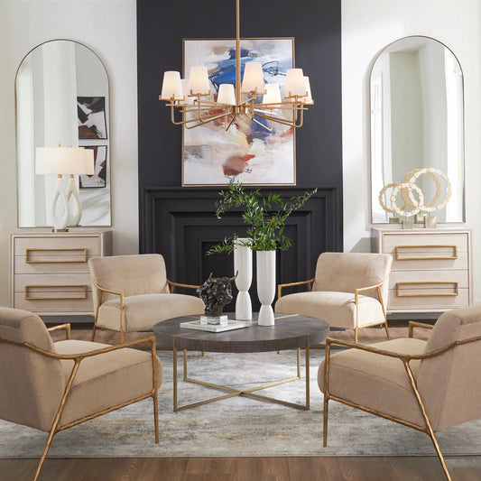 Kashmir Accent Chair by Uttermost in gold. Made from metal, plywood, foam, fabric in a unique style.