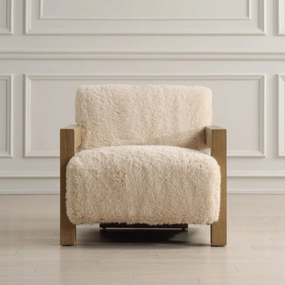 Jackson Sheepskin Accent Chair by Uttermost in oak. Made from plywood, rubber wood, foam, fabric in a transitional style.