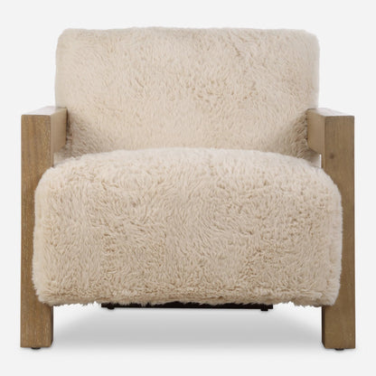 Jackson Sheepskin Accent Chair by Uttermost in oak. Made from plywood, rubber wood, foam, fabric in a transitional style.
