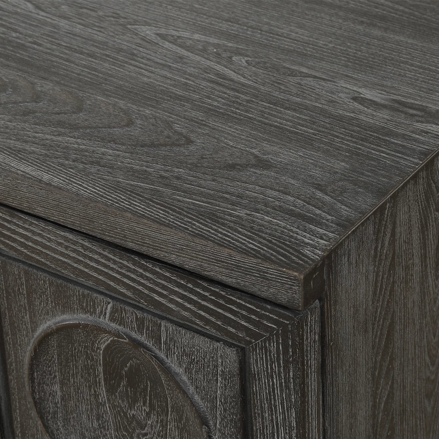 003 SI-2262324 | Closeup | Shelby 2 Door Ebony Stained Cabinet by Uttermost in iron. Made from elm, plywood, elm veneer in a traditional style.
