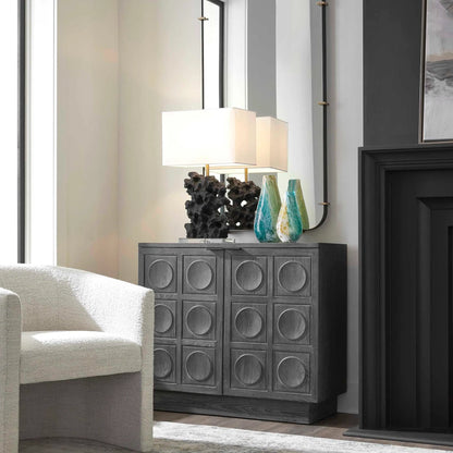 Shelby 2 Door Ebony Stained Cabinet by Uttermost in iron. Made from elm, plywood, elm veneer in a traditional style.
