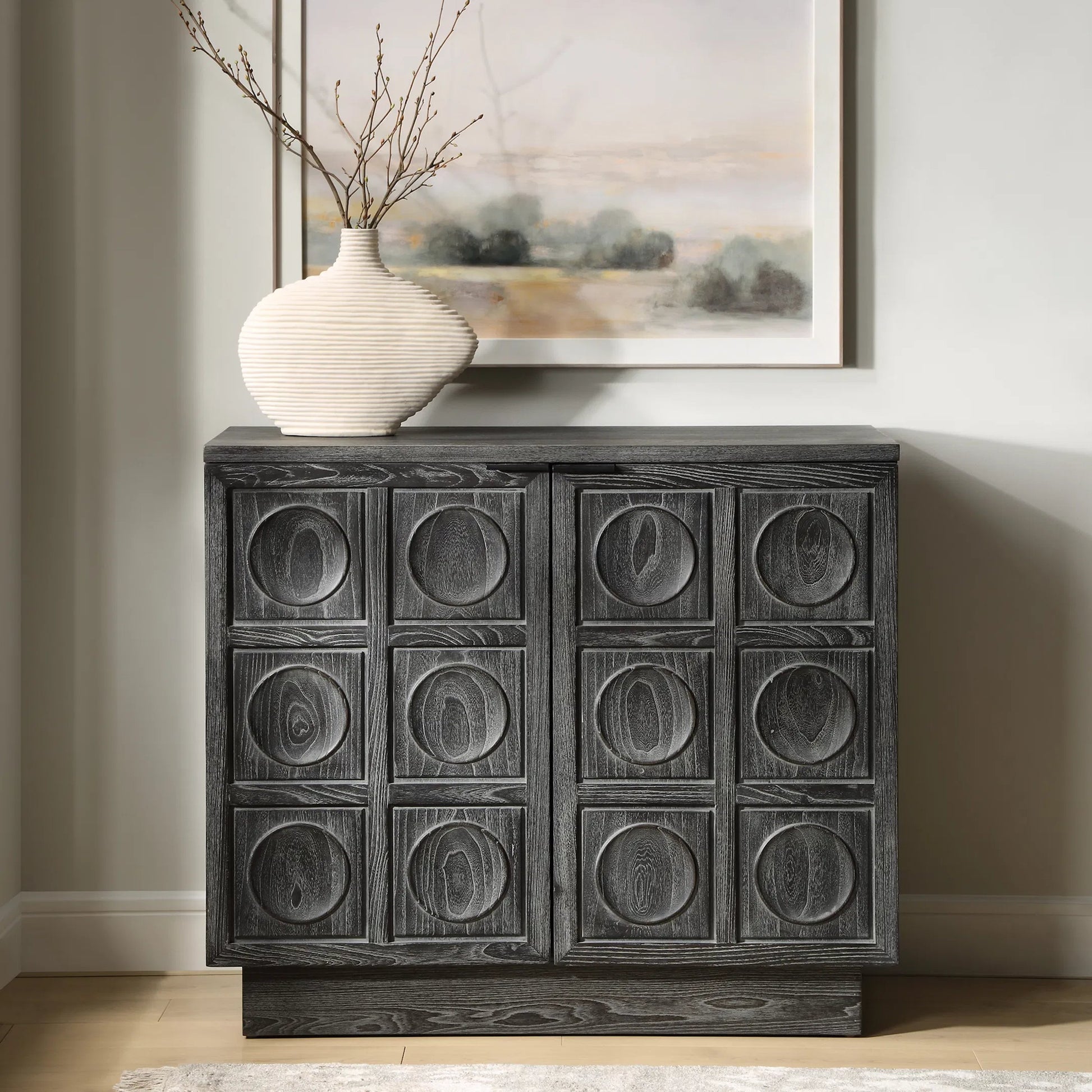 Shelby 2 Door Ebony Stained Cabinet by Uttermost in iron. Made from elm, plywood, elm veneer in a traditional style.