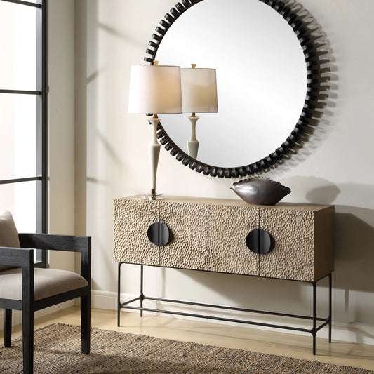 Lunar 4 Door Elm Cabinet by Uttermost in iron. Made from elm, elm veneer, plywood, iron in a transitional style.