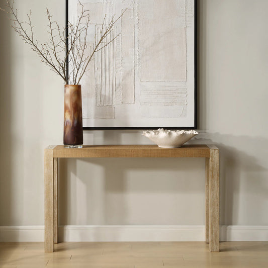 Bentley Grasscloth Console Table by Uttermost in gold. Made from mdf, pine, oak veneer, grass in a unique style.