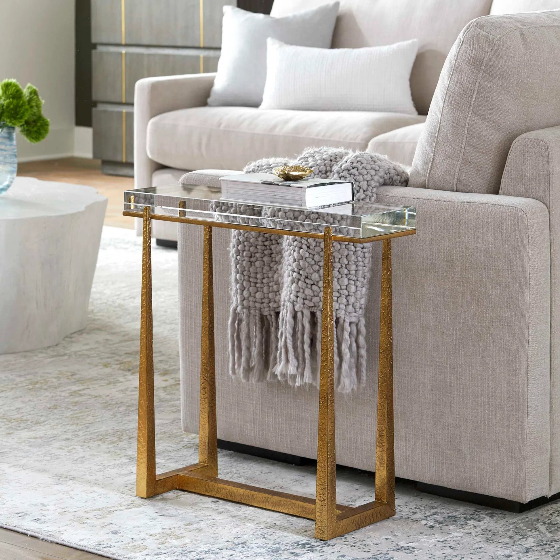Midas Thick Accent Table by Uttermost in gold. Made from crystal, metal in a unique style.