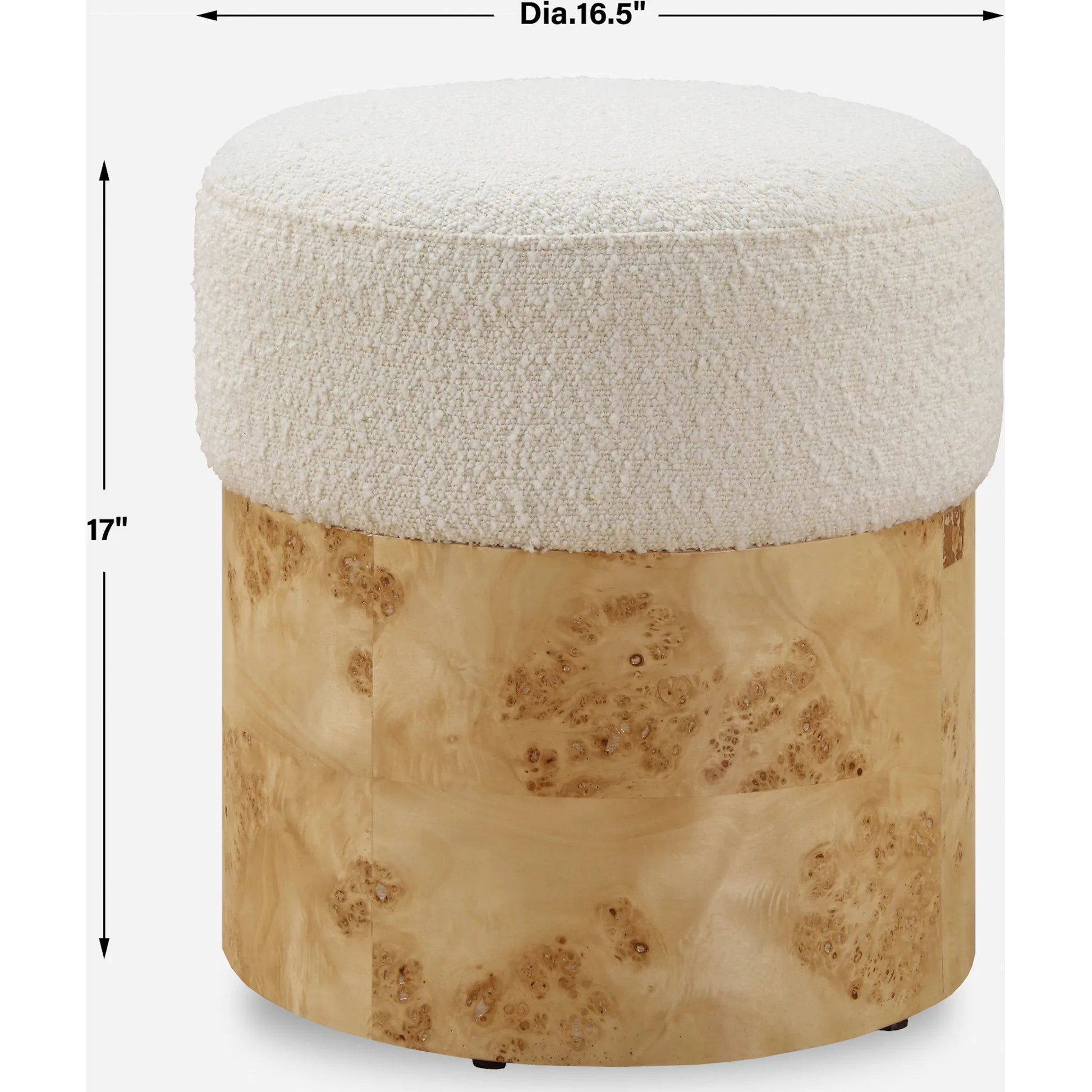 Swirls Poplar Ottoman by Uttermost in ivory. Made from plywood，poplar burl, foam，fabric in a transitional style.