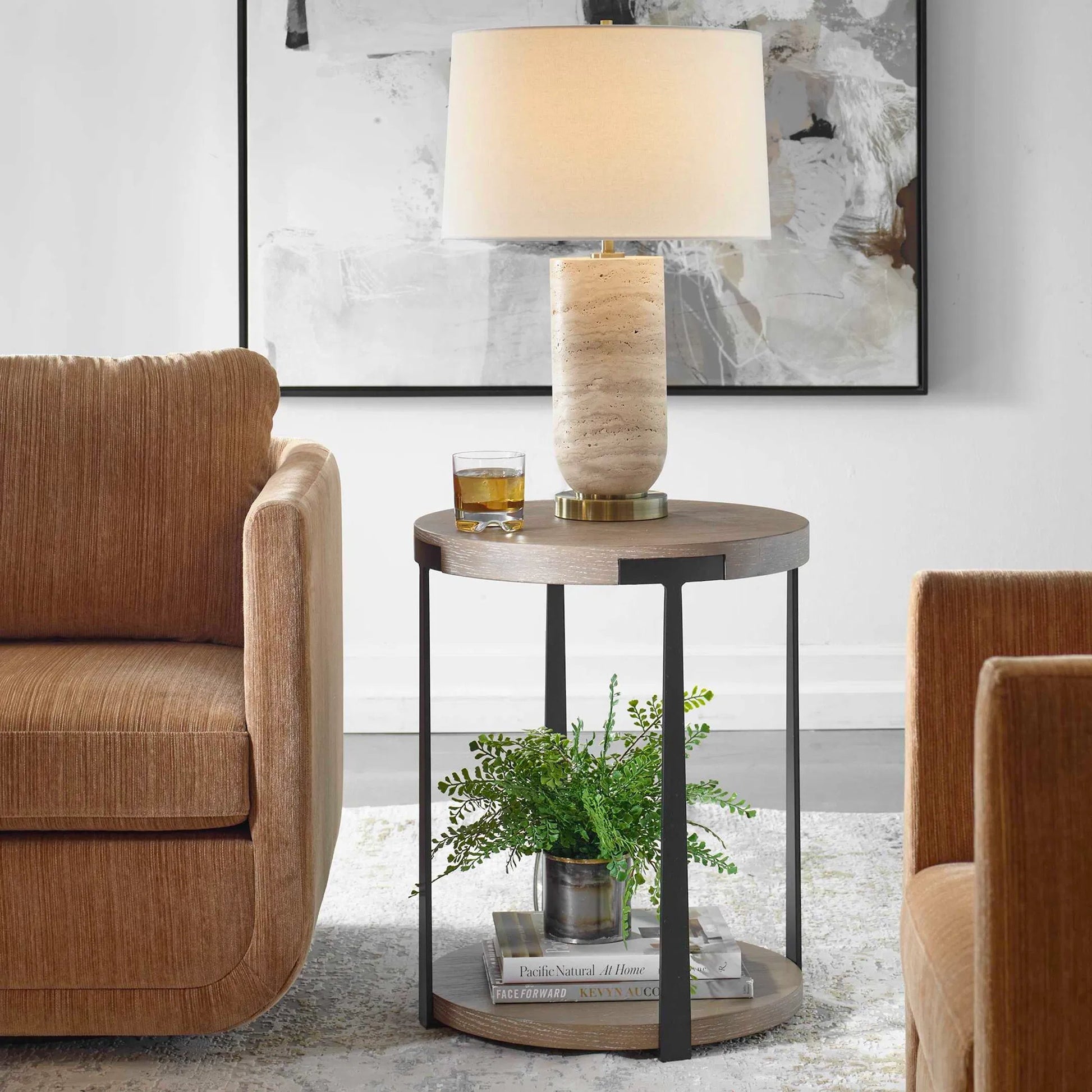 Palisade Natural Round Side Table by Uttermost in natural, dark bronze. Made from mdf, oak veneer, metal in a unique style.
