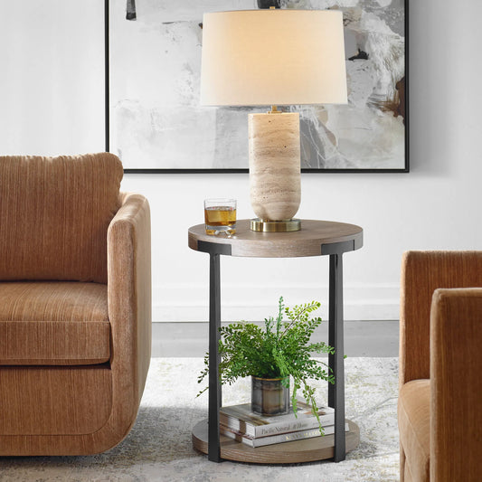 Palisade Natural Round Side Table by Uttermost in natural, dark bronze. Made from mdf, oak veneer, metal in a unique style.