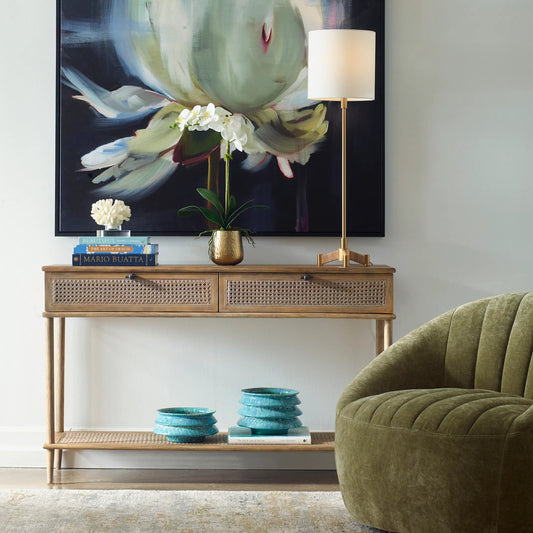 Coast Mid Century Console Table by Uttermost in dark. Made from mindi wood, mdf, mindi veneer, webbing in a unique style.