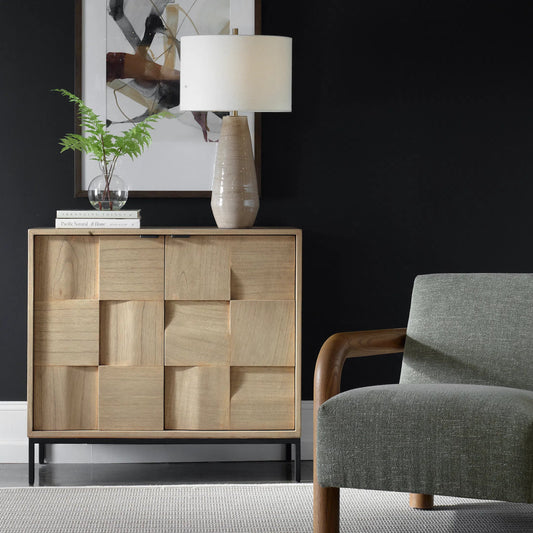 Lorenzo Geometric 2 Door Cabinet by Uttermost in black. Made from mdf veneer mindi, mindi wood, metal leg in a unique style.