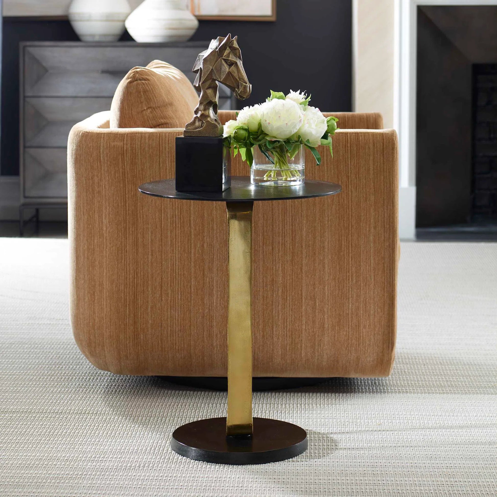 Aperture Accent Table by Uttermost in brass. Made from aluminum in a unique style.
