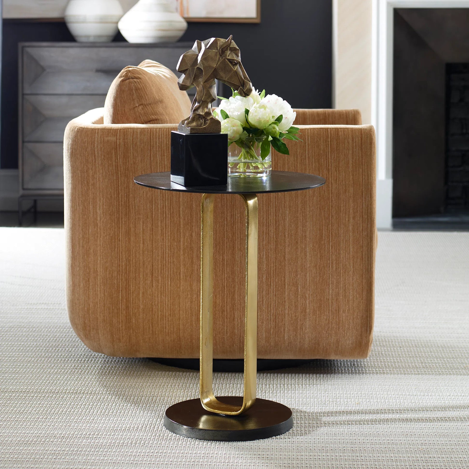Aperture Accent Table by Uttermost in brass. Made from aluminum in a unique style.