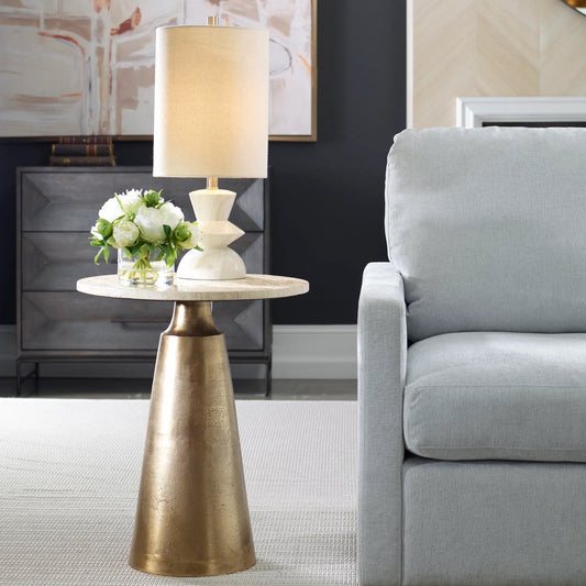 Midsummer Antique Accent Table by Uttermost in brass. Made from aluminum, marble in a unique style.