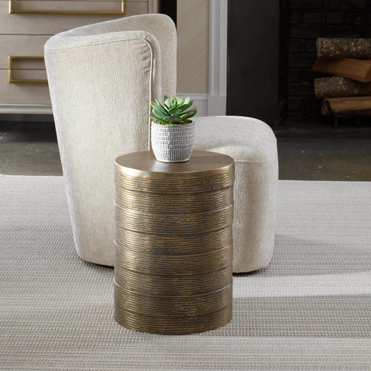 Odin Antique Accent Table by Uttermost in brass. Made from aluminum in a unique style.