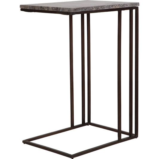 Theodore Travertine Accent Table by Uttermost in dark bronze. Made from marble, iron in a unique style.