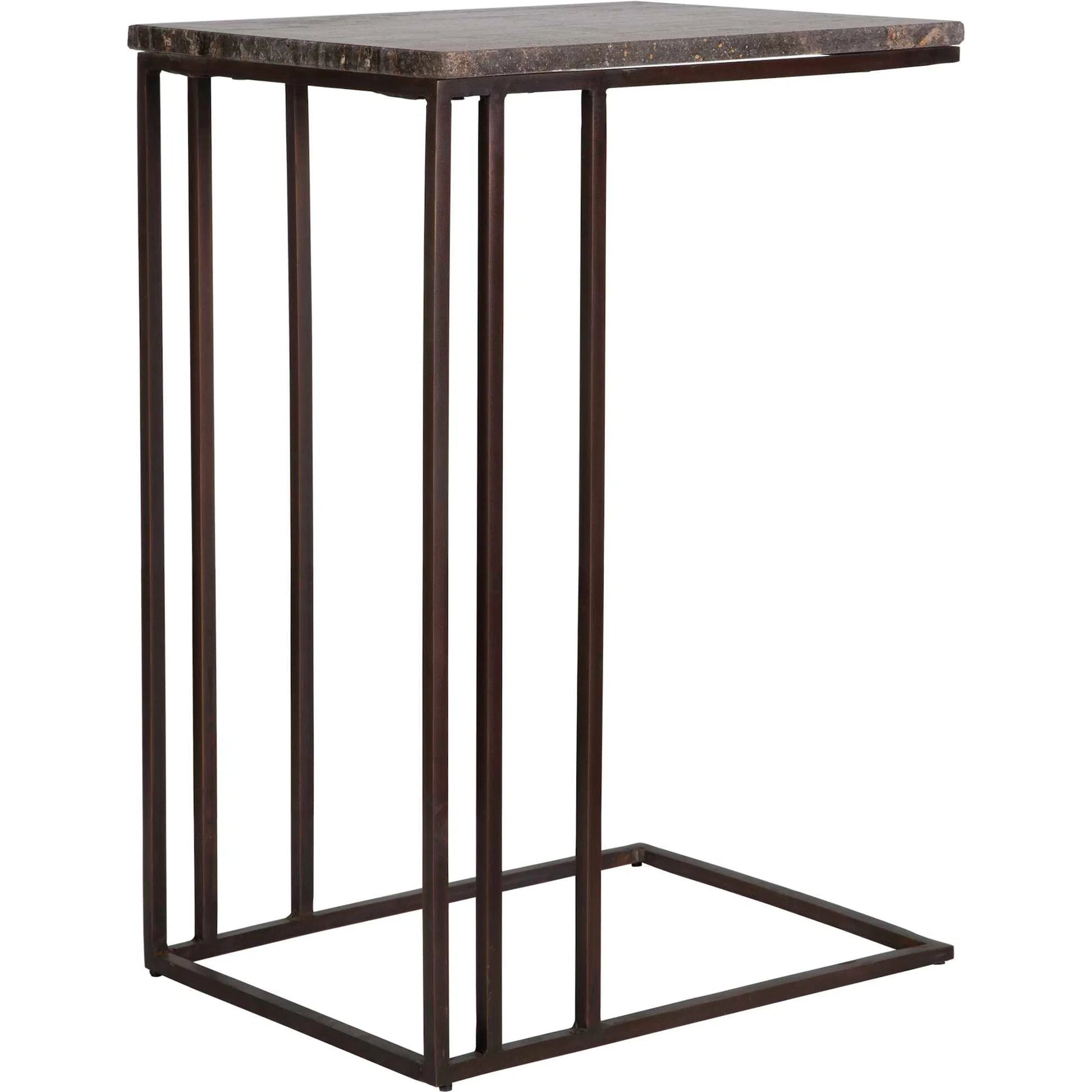 Theodore Travertine Accent Table by Uttermost in dark bronze. Made from marble, iron in a modern style.