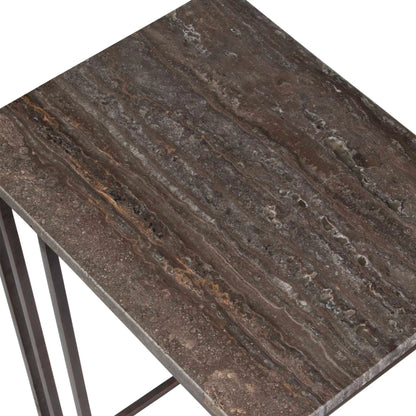 Theodore Travertine Accent Table by Uttermost in dark bronze. Made from marble, iron in a modern style.