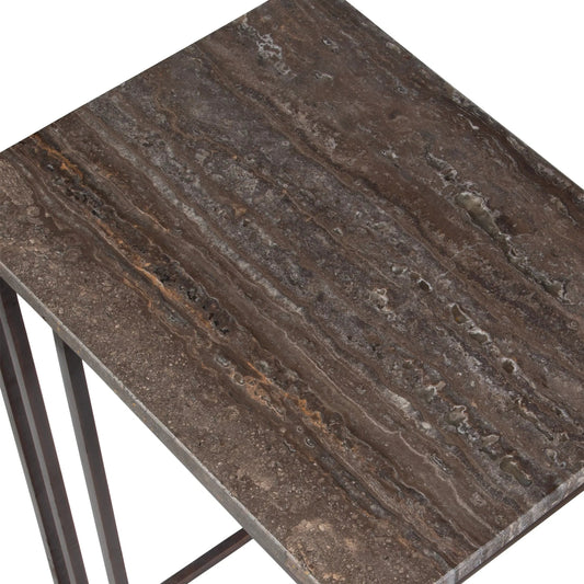 Theodore Travertine Accent Table by Uttermost in dark bronze. Made from marble, iron in a unique style.