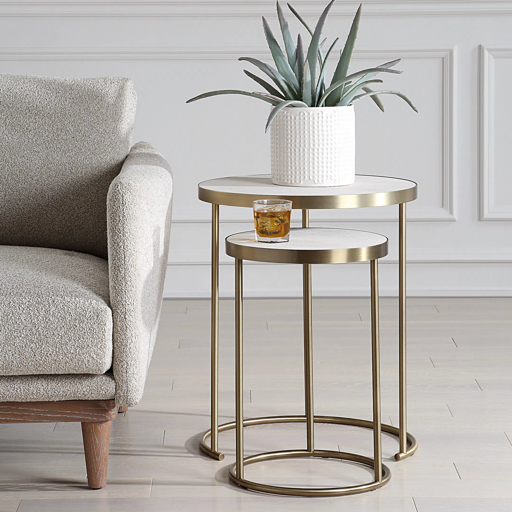Aragon Nesting Tables by Uttermost in brass. Made from metal, mdf, pu leather in a unique style.