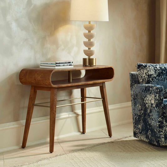 Ledger Mid-Century Console Table by Uttermost in brass. Made from mdf veneer mappa burl with javawood in a unique style.