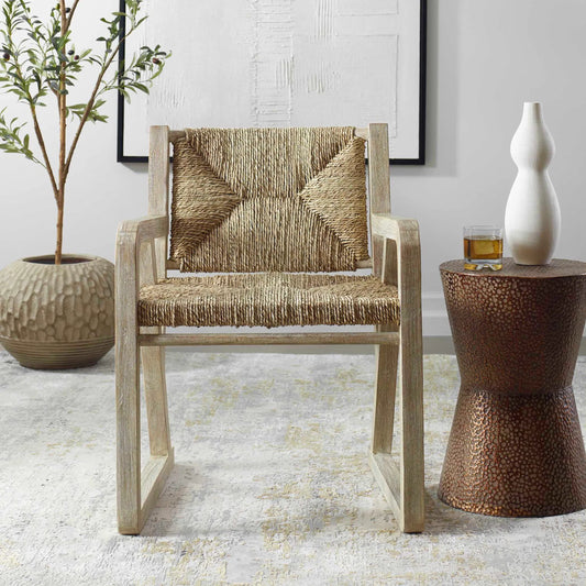 Chatham Seagrass Dining Chair by Uttermost in wood. Made from wanggo wood with seagrass weaving in a transitional style.