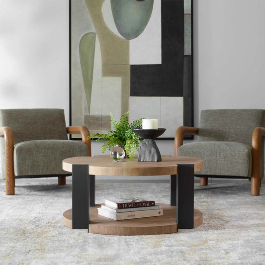 Loana Industrial Coffee Table by Uttermost in black. Made from mdf sengon veneer with mahogani wood, metal in a modern style.