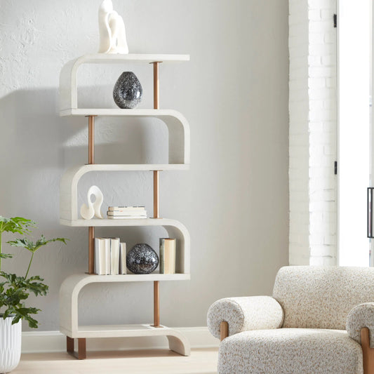 Bia Etagere by Uttermost. Made from mdf veneer mahogani with metal post in a unique style.