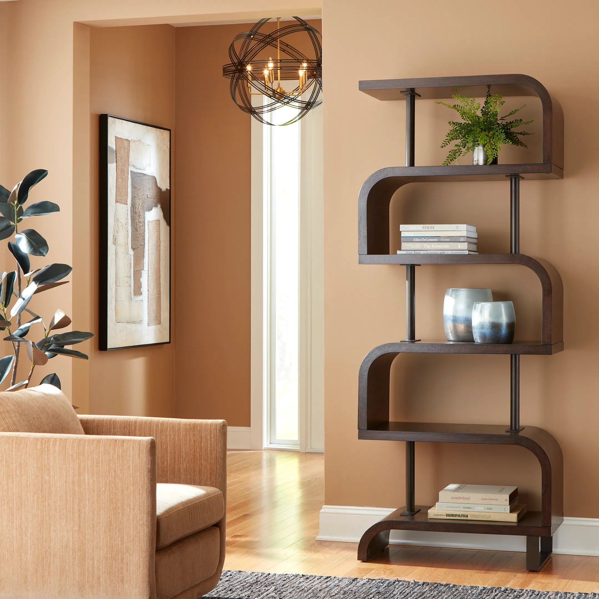 Bia Etagere by Uttermost. Made from mdf veneer mahogani with metal post in a modern style.