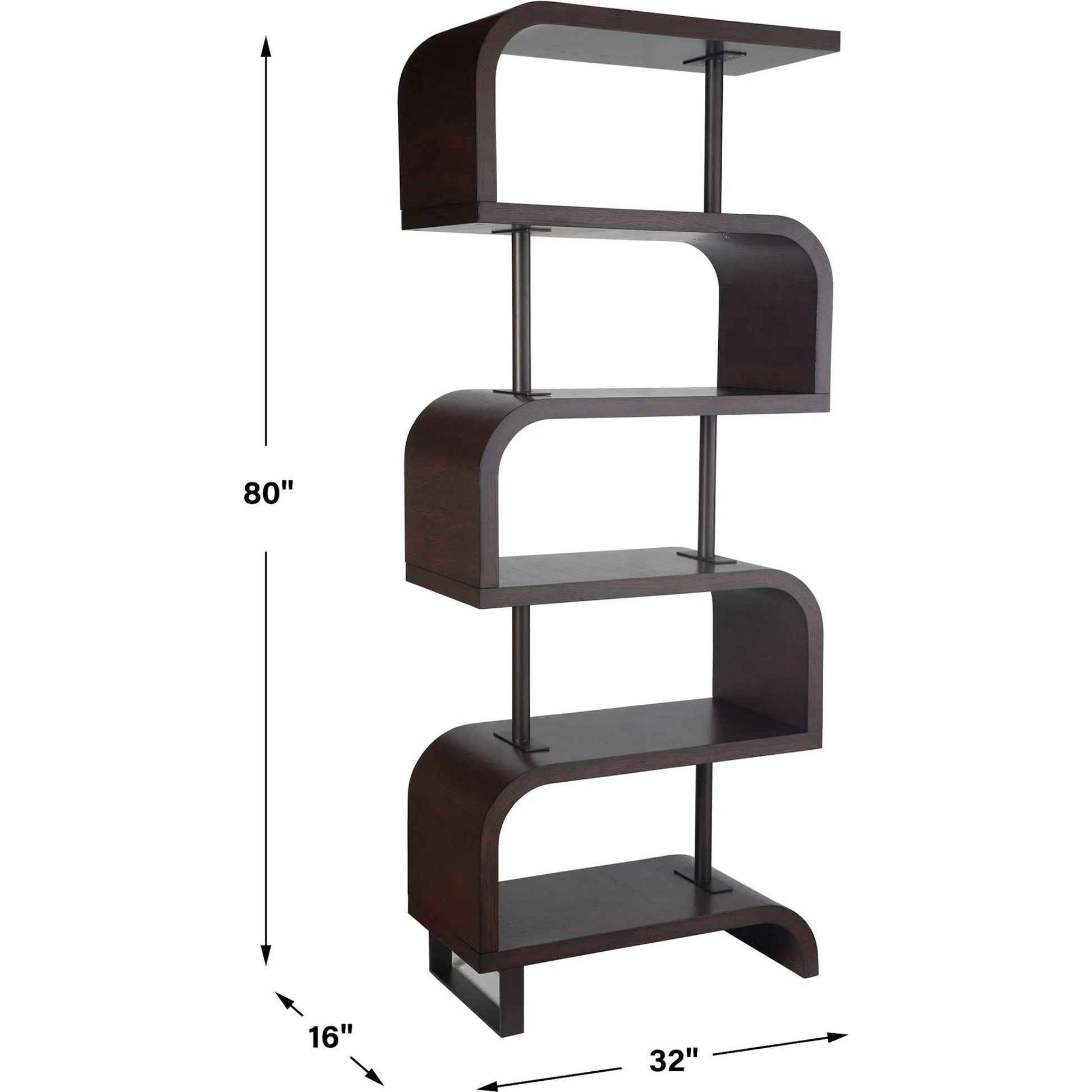 Bia Etagere by Uttermost. Made from mdf veneer mahogani with metal post in a modern style.