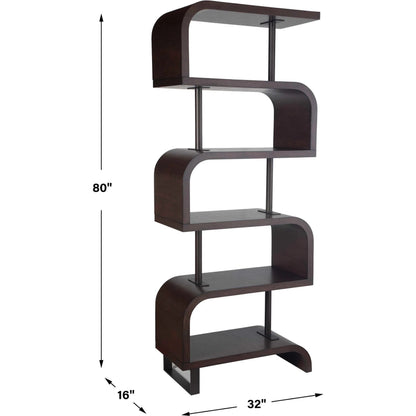 Bia Etagere by Uttermost. Made from mdf veneer mahogani with metal post in a modern style.