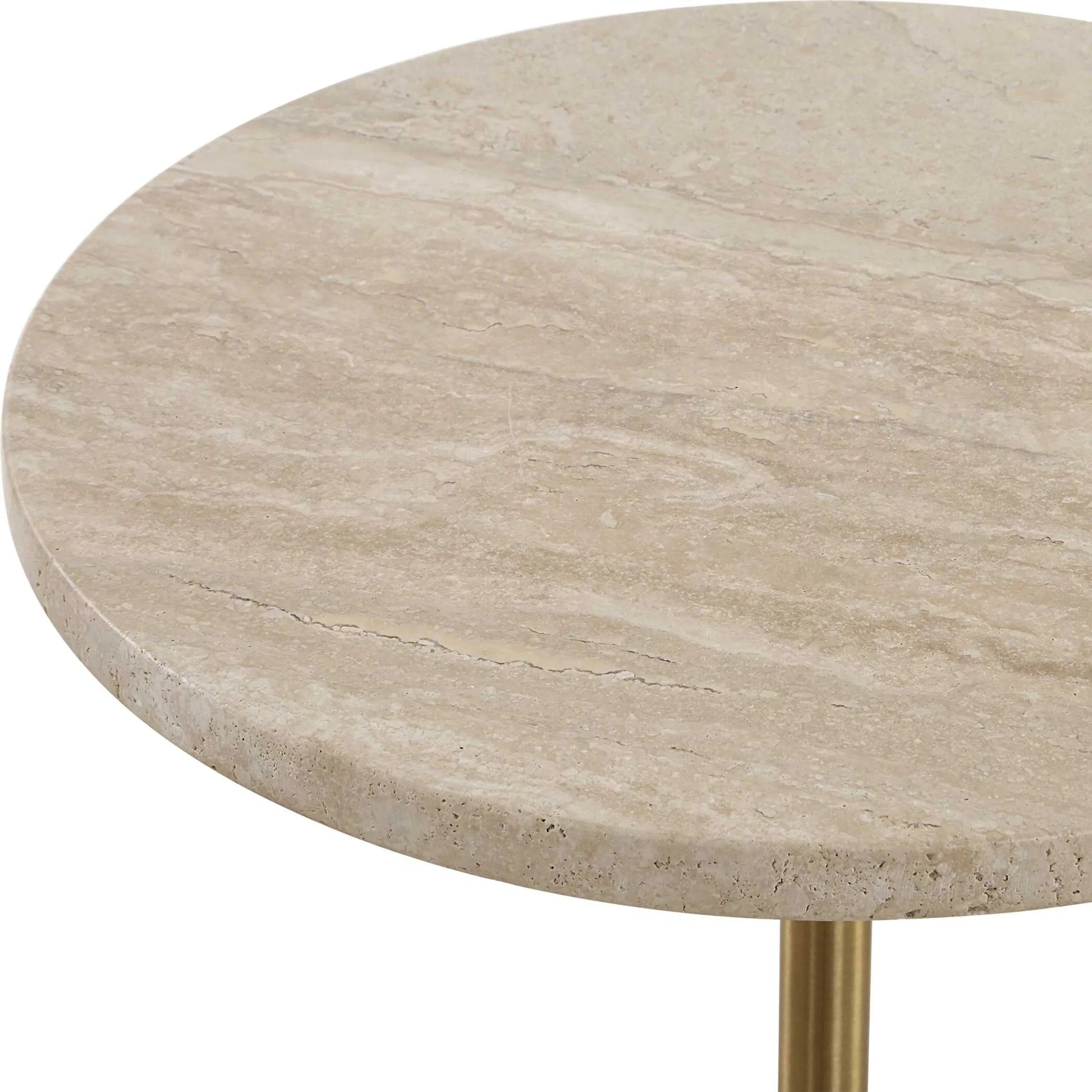 Malya Travertine Accent Table by Uttermost in brass. Made from travertine, metal in a unique style.