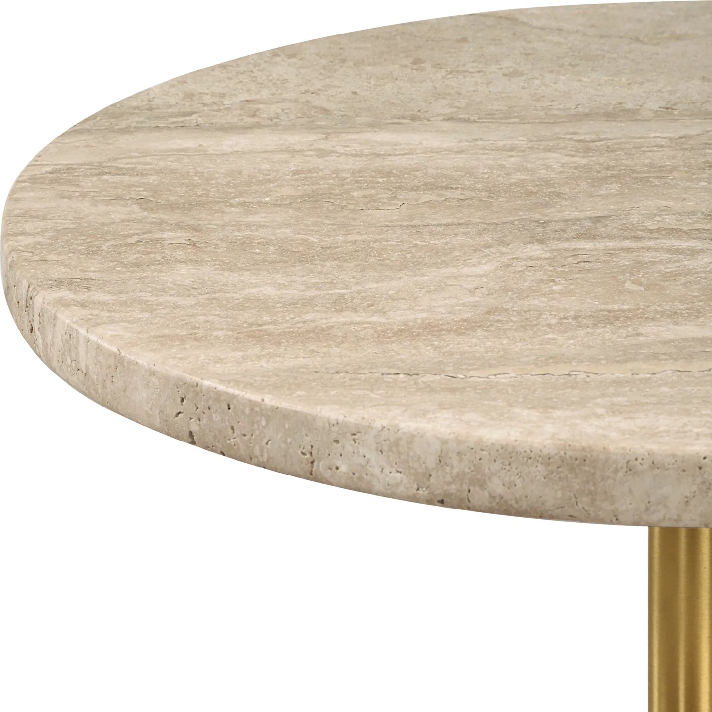 003 SI-2295356 | Closeup | Malya Travertine Accent Table by Uttermost in brass. Made from travertine, metal in a transitional style.