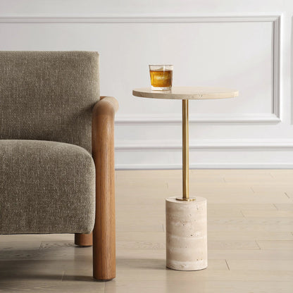 Malya Travertine Accent Table by Uttermost in brass. Made from travertine, metal in a unique style.
