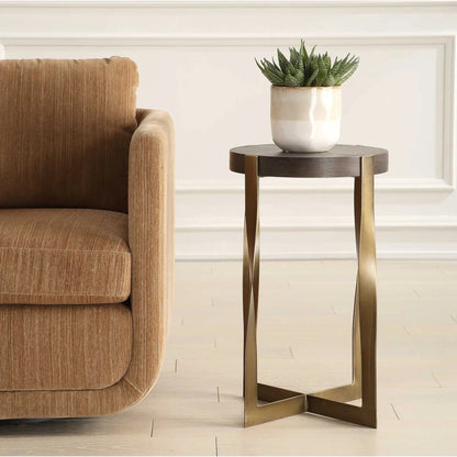 Drew Accent Table by Uttermost in dark chocolate, brass. Made from metal, mdf, walnut veneer in a modern style.
