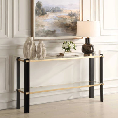Cunene Contemporary Console Table by Uttermost in gold leaf. Made from metal, glass in a modern style.
