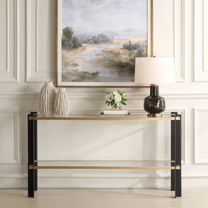 Cunene Contemporary Console Table by Uttermost in gold leaf. Made from metal, glass in a modern style.