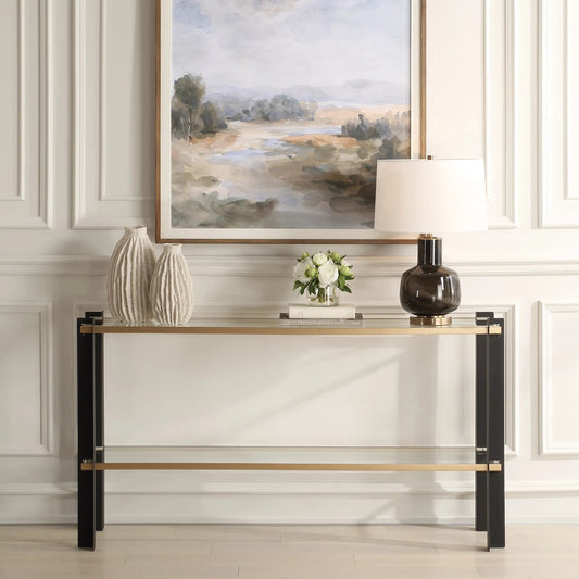 Cunene Contemporary Console Table by Uttermost in gold leaf. Made from metal, glass in a unique style.