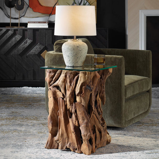 Rozel End Table by Uttermost in teak. Made from teak wood with glass top in a unique style.