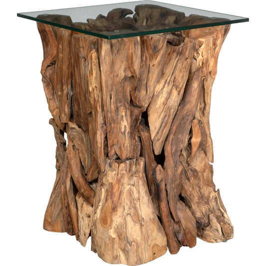 Rozel End Table by Uttermost in teak. Made from teak wood with glass top in a unique style.