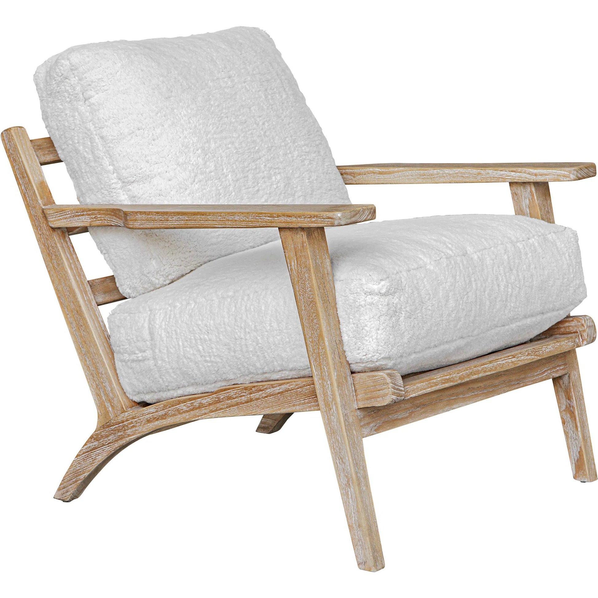 Laid Back Sheepskin Accent Chair by Uttermost in white. Made from mindi wood, fabric bopep in a transitional style.