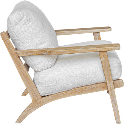 Laid Back Sheepskin Accent Chair by Uttermost in white. Made from mindi wood, fabric bopep in a transitional style.