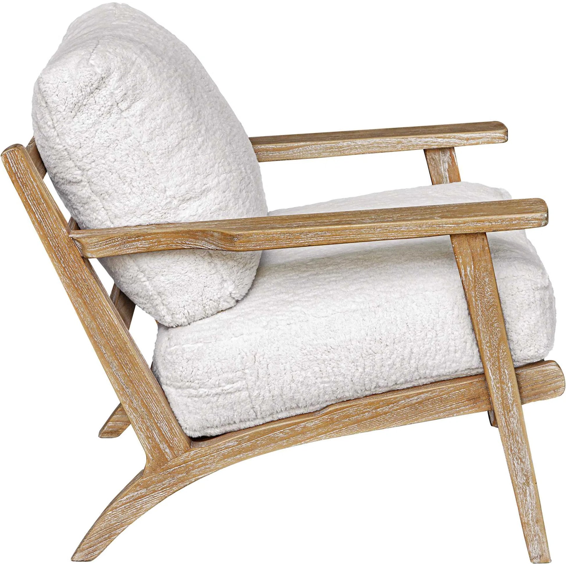 Laid Back Sheepskin Accent Chair by Uttermost in white. Made from mindi wood, fabric bopep in a transitional style.